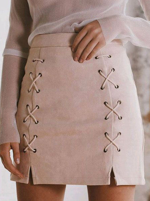 Lele's Lace Up Suede Skirt in Nude Pink - 2 Love One