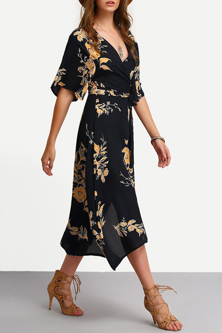 V-Neck Floral Print Wrap Dress in Midnight - 2 Love One