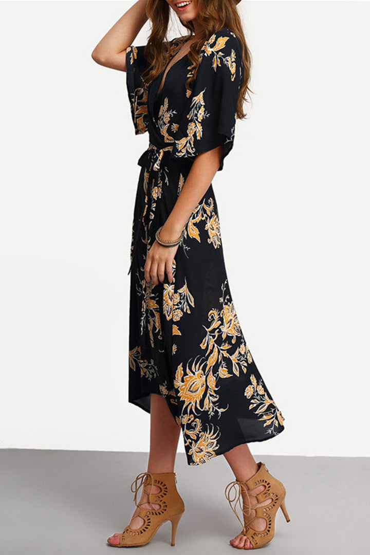 V-Neck Floral Print Wrap Dress in Midnight - 2 Love One