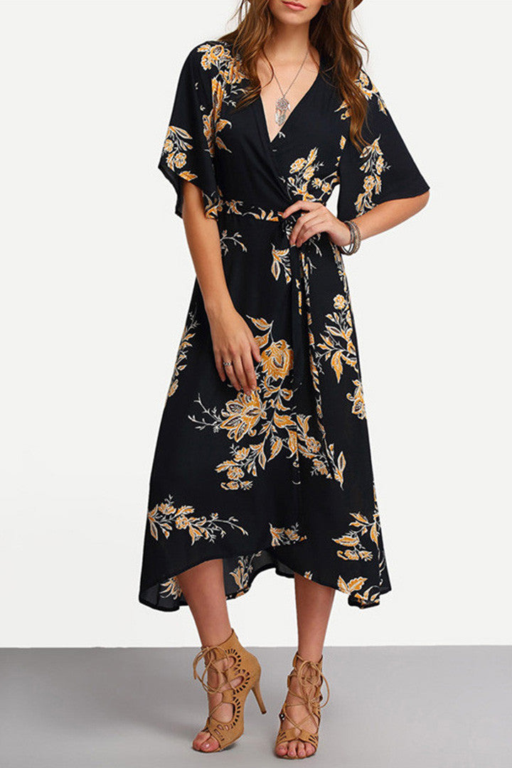 V-Neck Floral Print Wrap Dress in Midnight - 2 Love One