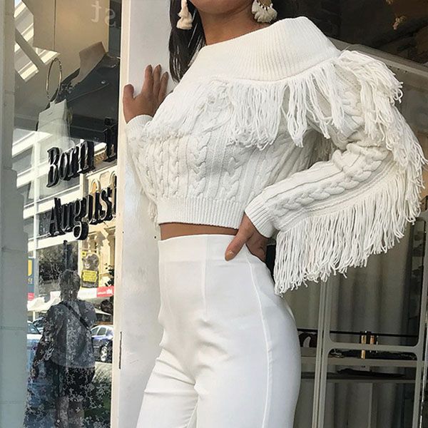 Amelia Tassels Off Shoulder Knit Top - 2 Love One