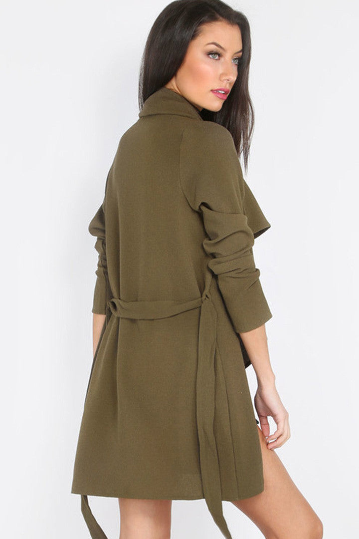Lapel Tie Long Sleeve Outerwear In Army Green - 2 Love One