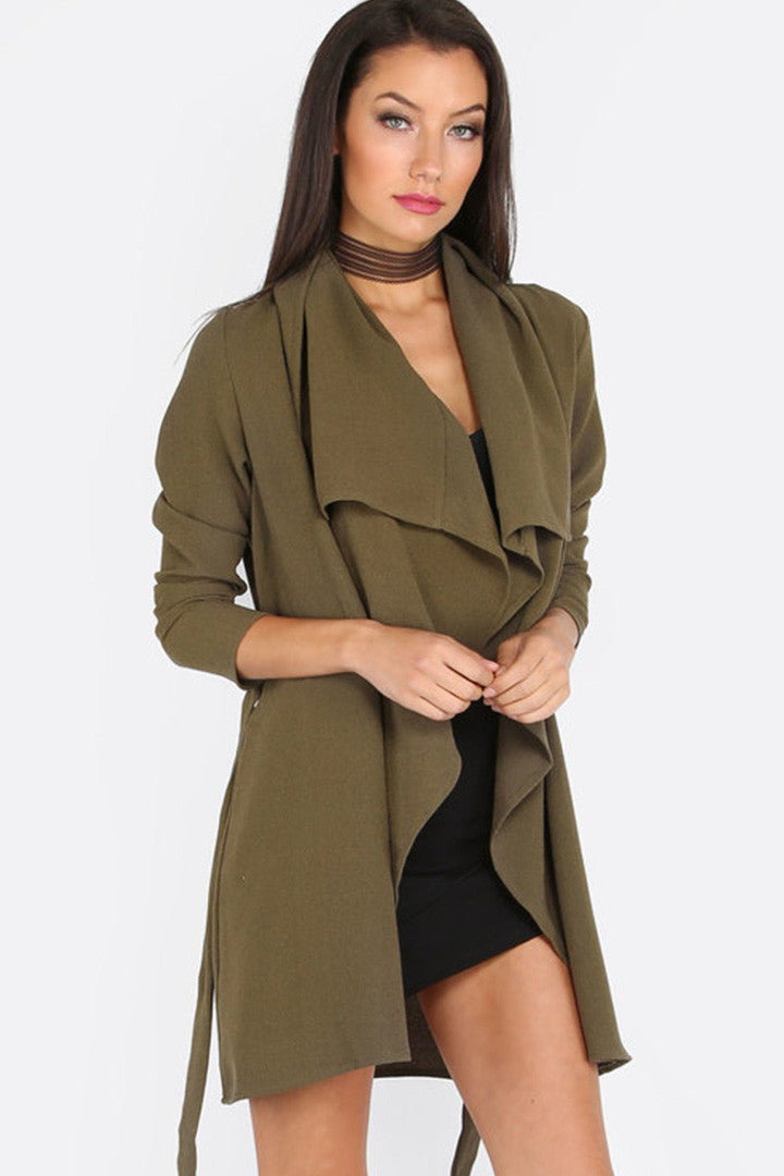 Lapel Tie Long Sleeve Outerwear In Army Green - 2 Love One