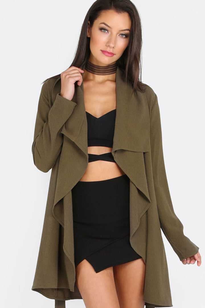 Lapel Tie Long Sleeve Outerwear In Army Green - 2 Love One