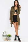 Lapel Tie Long Sleeve Outerwear In Army Green - 2 Love One