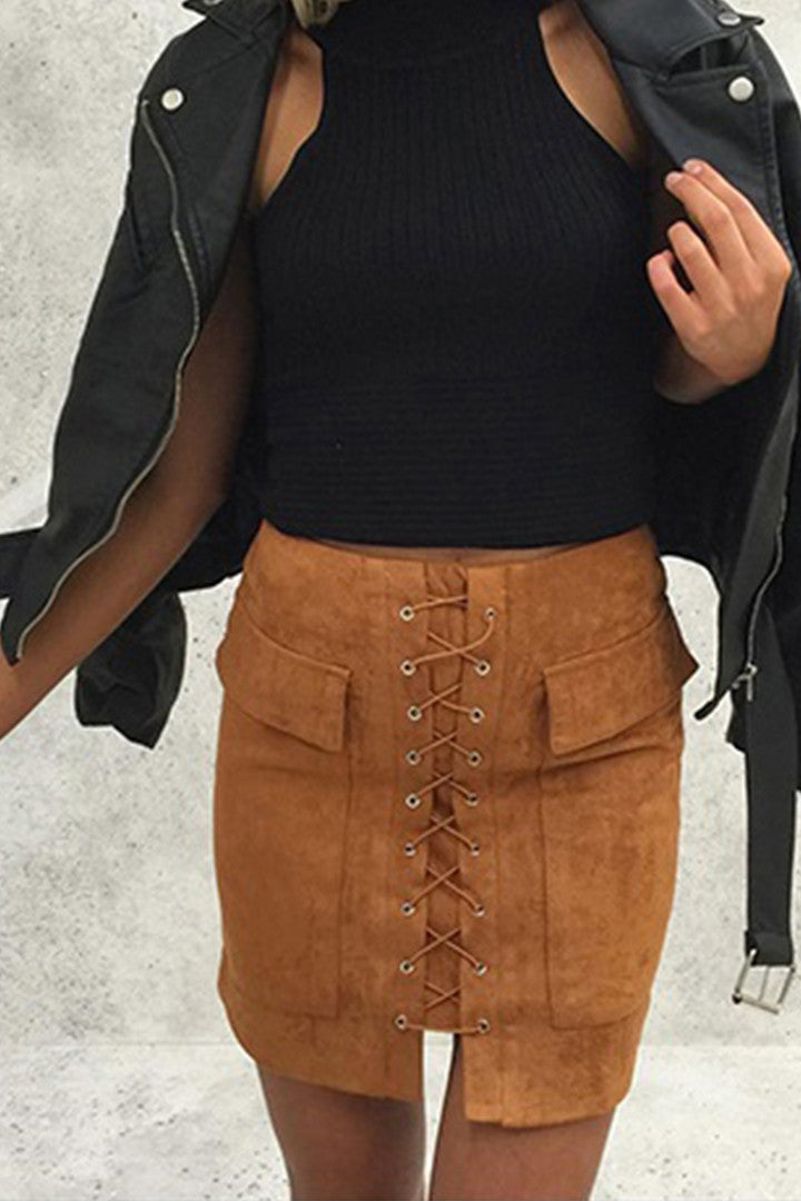 Lace-Up Suede Skirt in Camel - 2 Love One