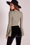 Bell-Sleeve Ribbed Knit Crop Top in Khaki - 2 Love One