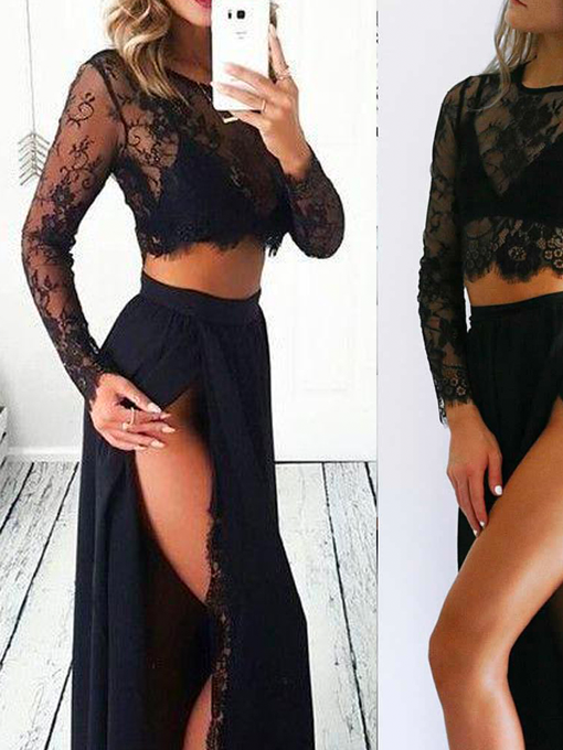 Black Lace Long Sleeve Dress - 2pcs - 2 Love One