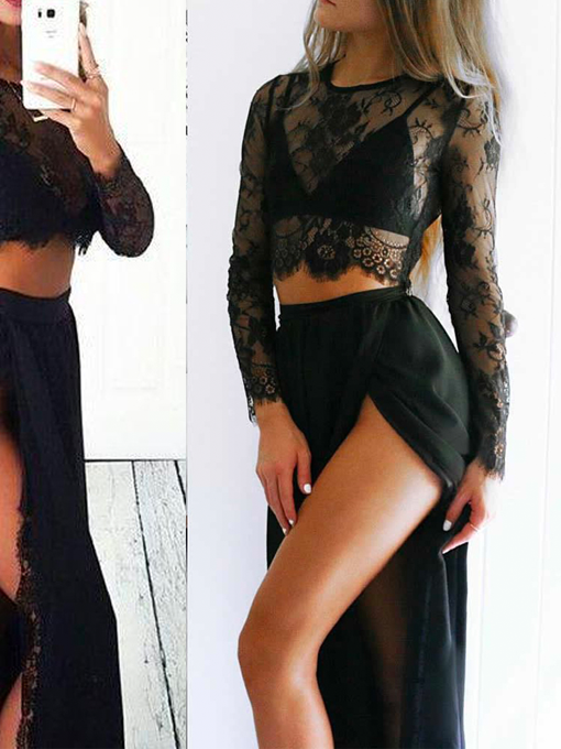 Black Lace Long Sleeve Dress - 2pcs - 2 Love One