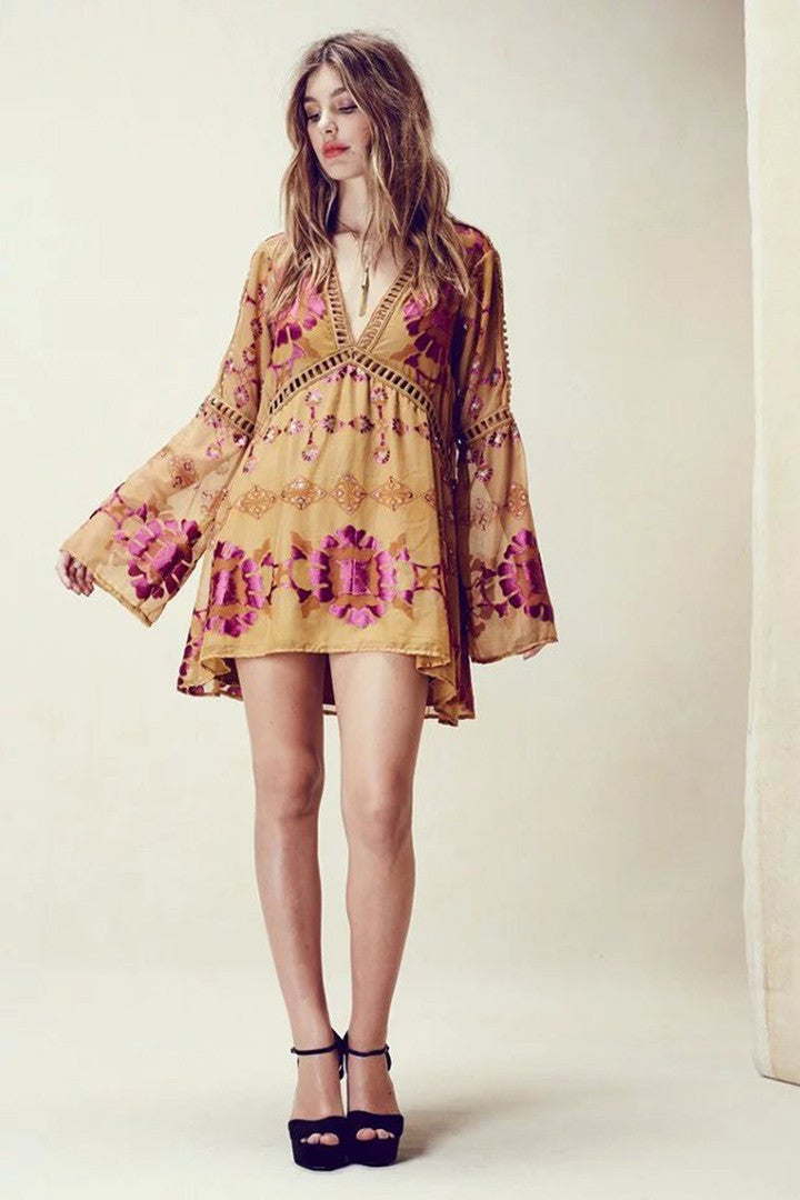 Boho Flare Sleeve Floral Tunic in Champagne - 2 Love One