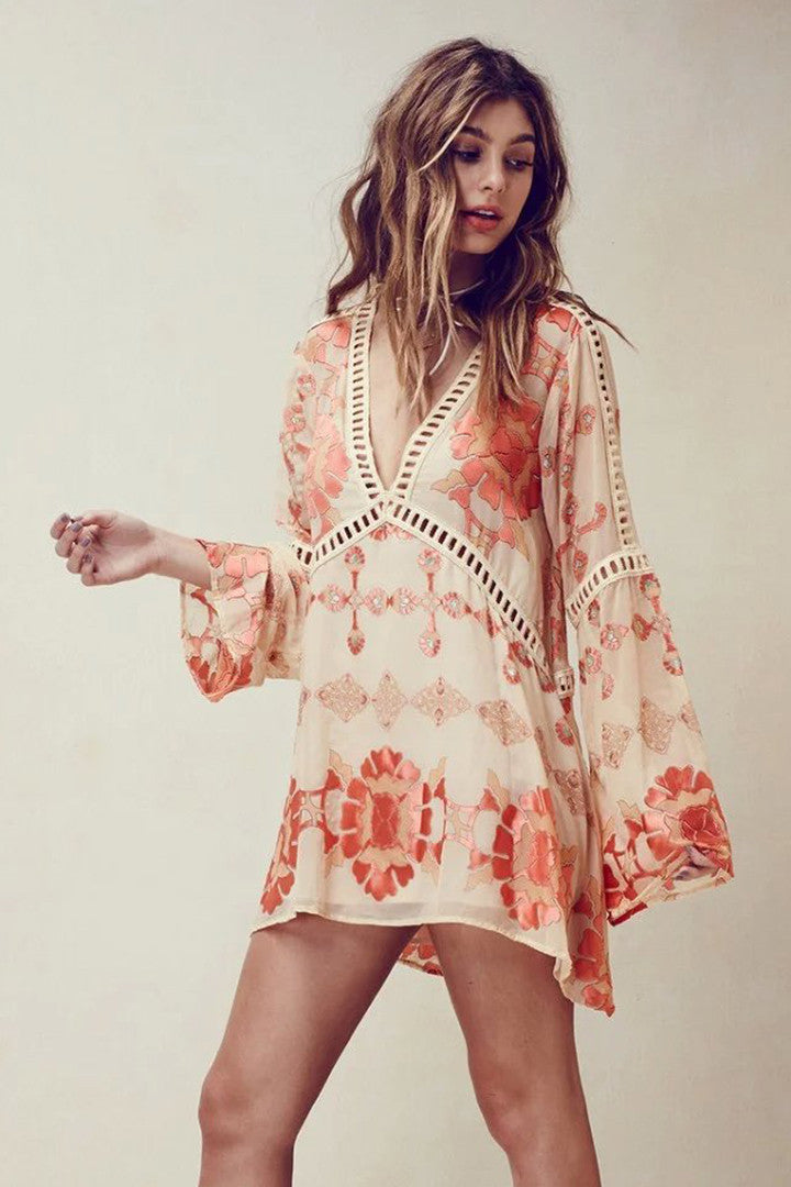 Boho Flare Sleeve Floral Tunic Pink - 2 Love One