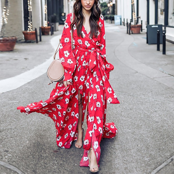 white floral flowy dress Boho White Floral Flowy Long Sleeve Dress