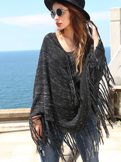 Darlene Long Sleeve Tassel Hem Poncho in Black - 2 Love One