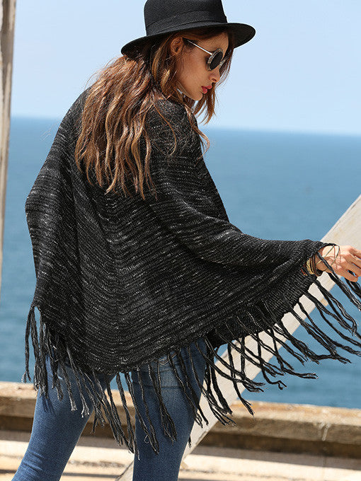 Darlene Long Sleeve Tassel Hem Poncho in Black - 2 Love One
