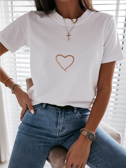 Heart Print Short Sleeve Casual T-shirt - 2 Love One