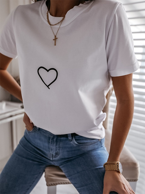 Heart Print Short Sleeve Casual T-shirt - 2 Love One