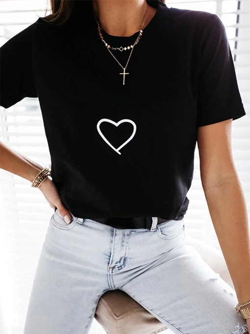 Heart Print Short Sleeve Casual T-shirt - 2 Love One