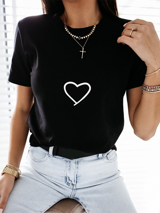 Heart Print Short Sleeve Casual T-shirt - 2 Love One