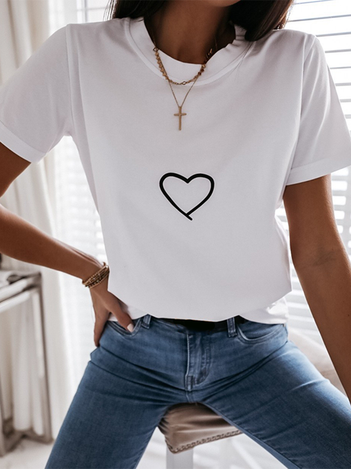 Heart Print Short Sleeve Casual T-shirt - 2 Love One