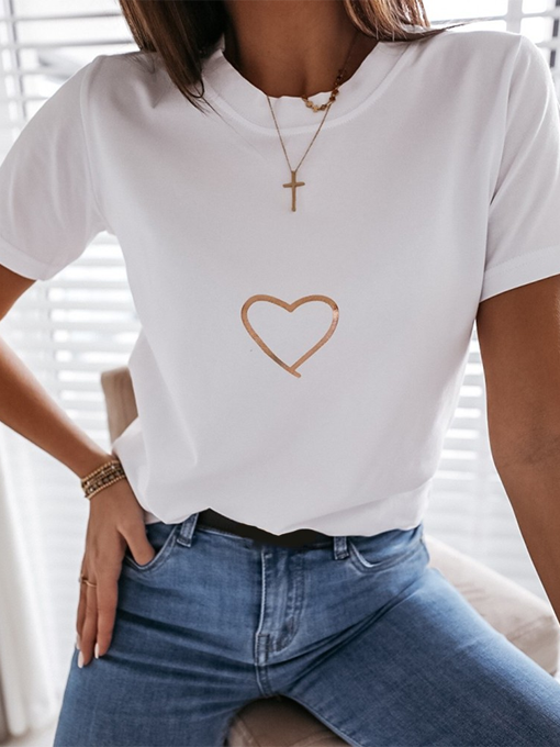 Heart Print Short Sleeve Casual T-shirt - 2 Love One