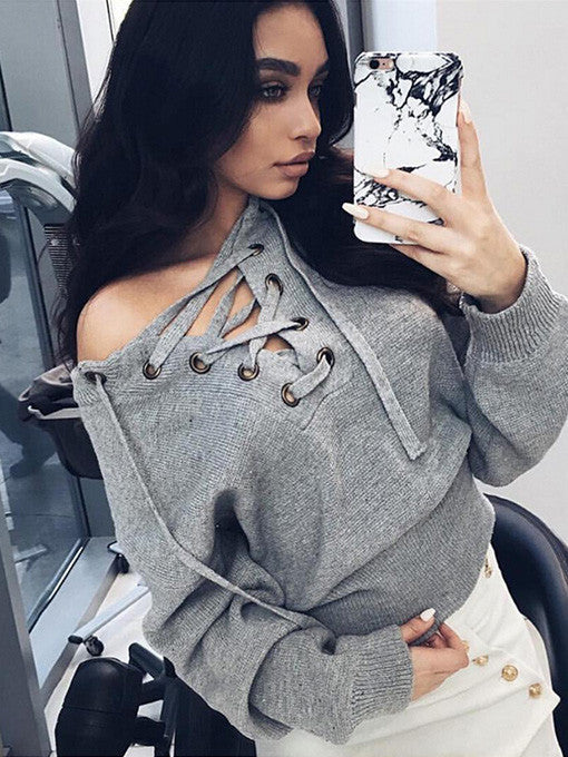 Lace Up Crop Knit Top in Grey - 2 Love One