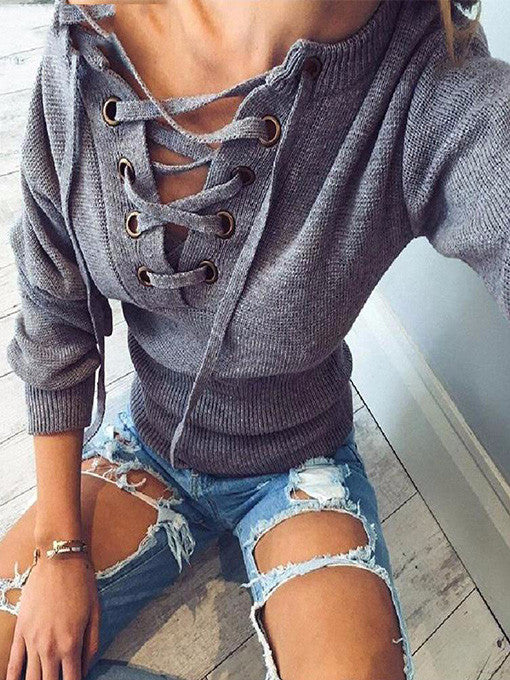 Lace Up Crop Knit Top in Grey - 2 Love One