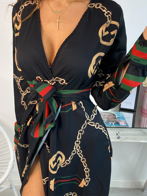 Long Sleeve Chain Baroque Print Dress - 2 Love One