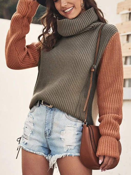 Mellow Contrast Sleeve Turtleneck Knit Sweater - 2 Love One