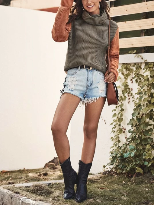 Mellow Contrast Sleeve Turtleneck Knit Sweater - 2 Love One