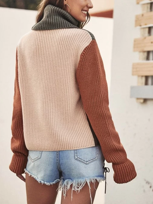 Mellow Contrast Sleeve Turtleneck Knit Sweater - 2 Love One