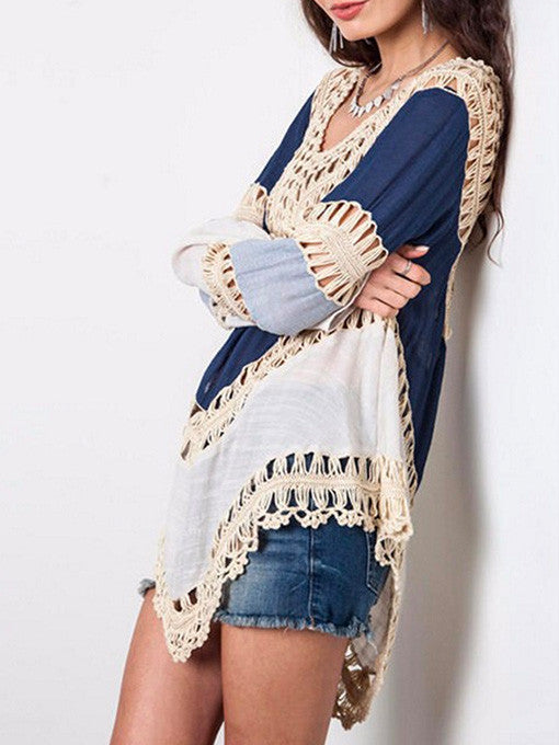 Nadia Colour-block Hollow Crochet Loose Top - 2 Love One