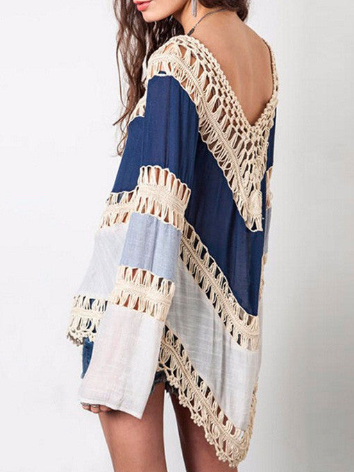 Nadia Colour-block Hollow Crochet Loose Top - 2 Love One