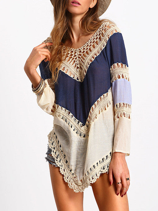 Nadia Colour-block Hollow Crochet Loose Top - 2 Love One