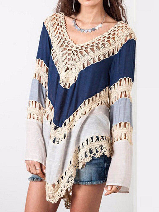 Nadia Colour-block Hollow Crochet Loose Top - 2 Love One