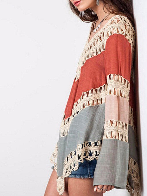Nadia Colour-block Hollow Crochet Loose Top - 2 Love One