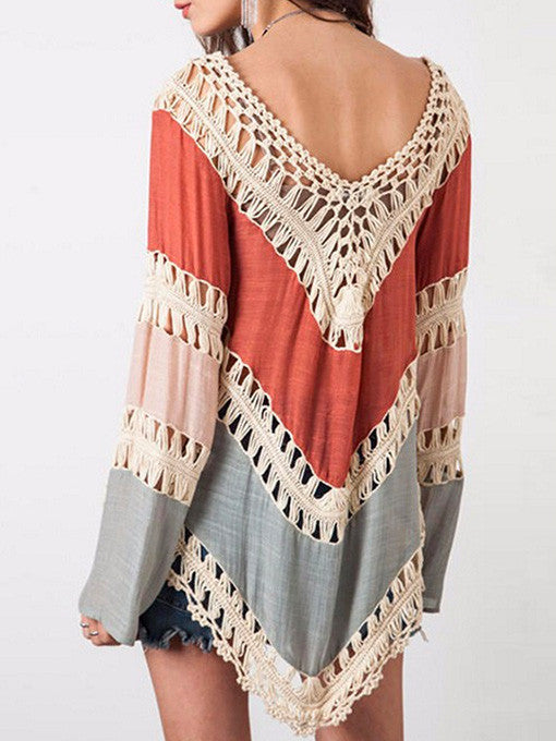 Nadia Colour-block Hollow Crochet Loose Top - 2 Love One