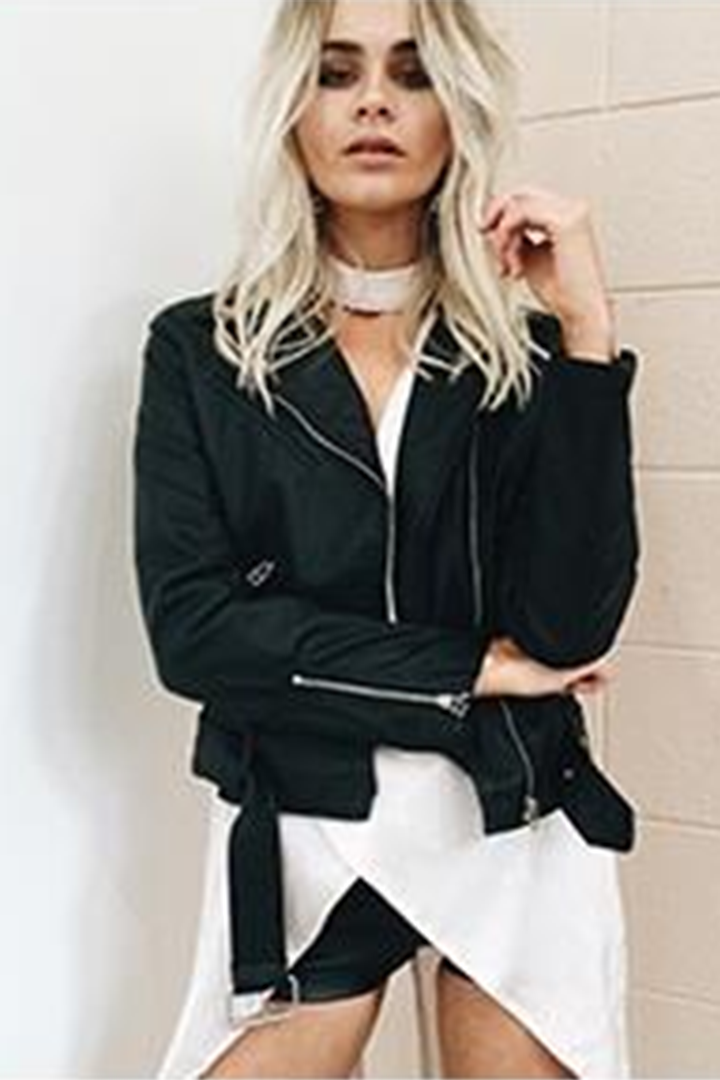 Turn-Down Collar Moto-Jacket Black - 2 Love One