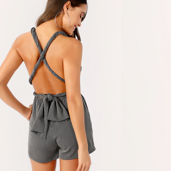Plunging Neck Crisscross Backless Striped Romper - 2 Love One