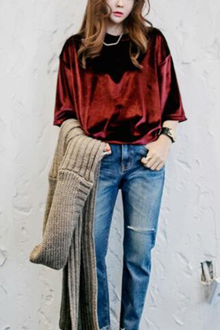 Plush Velvet T-Shirt Top Red - 2 Love One