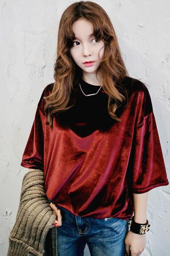 Plush Velvet T-Shirt Top Red - 2 Love One