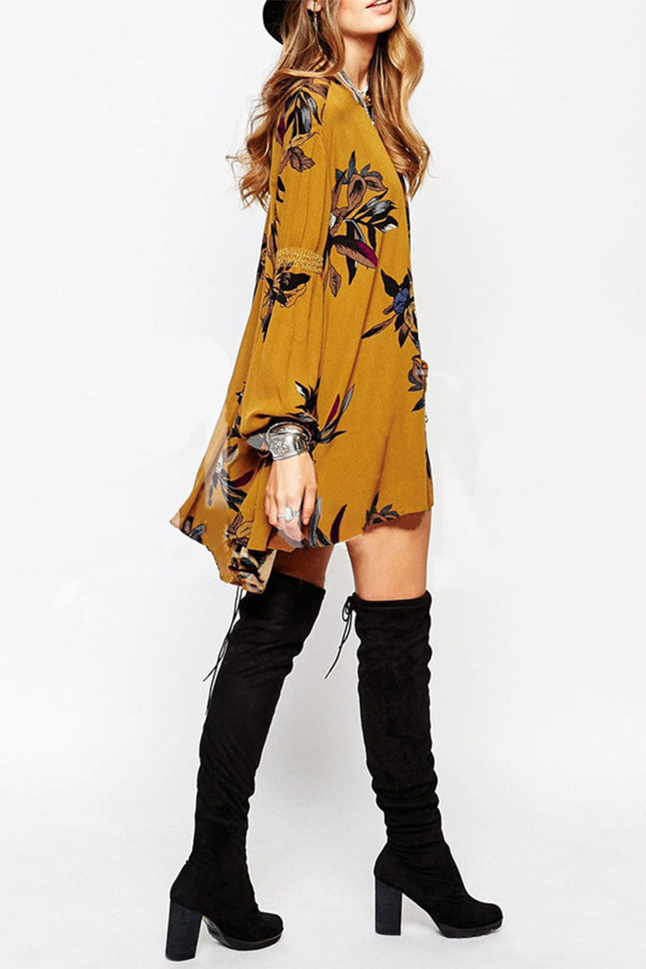 Retro Print Swing Tunic Dress Yellow - 2 Love One