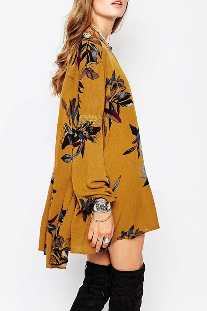 Retro Print Swing Tunic Dress Yellow - 2 Love One