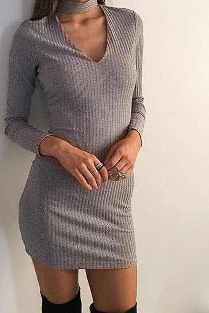 Sexy Long Sleeve Knit Halter Dress Gray 2 Love One