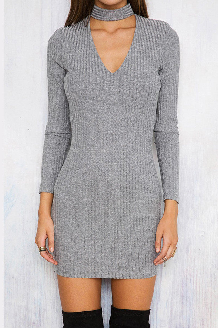Sexy Long-Sleeve Knit Halter Dress Gray - 2 Love One