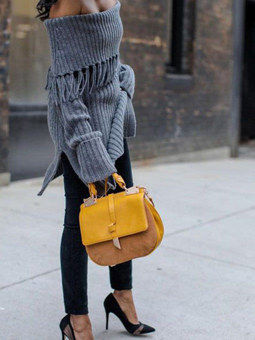 Tobey Off-Shoulder Tassel Knit in Dark Grey - 2 Love One