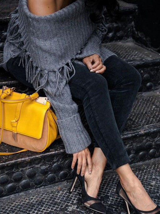 Tobey Off-Shoulder Tassel Knit in Dark Grey - 2 Love One