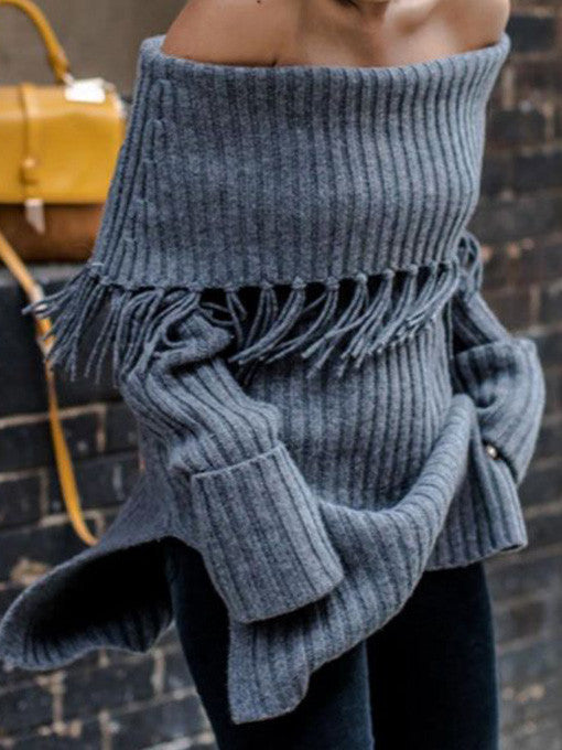 Tobey Off-Shoulder Tassel Knit in Dark Grey - 2 Love One