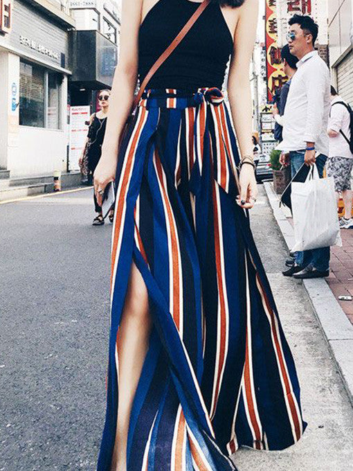 Blue striped flare pants clearance